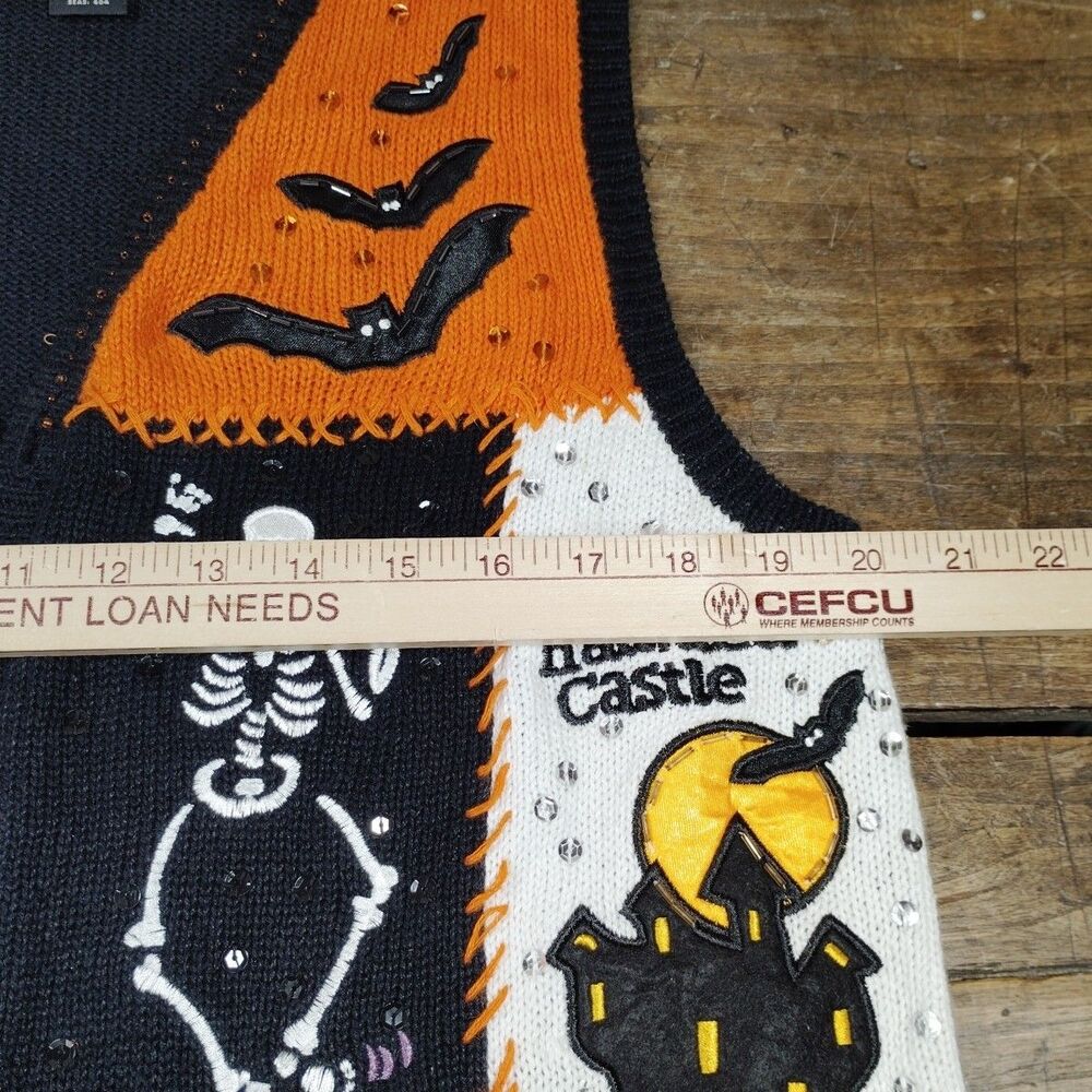 Vintage Halloween Vest Medium Ramie Knit Button Front Embroidered Spooky Ghost - Picture 11 of 12